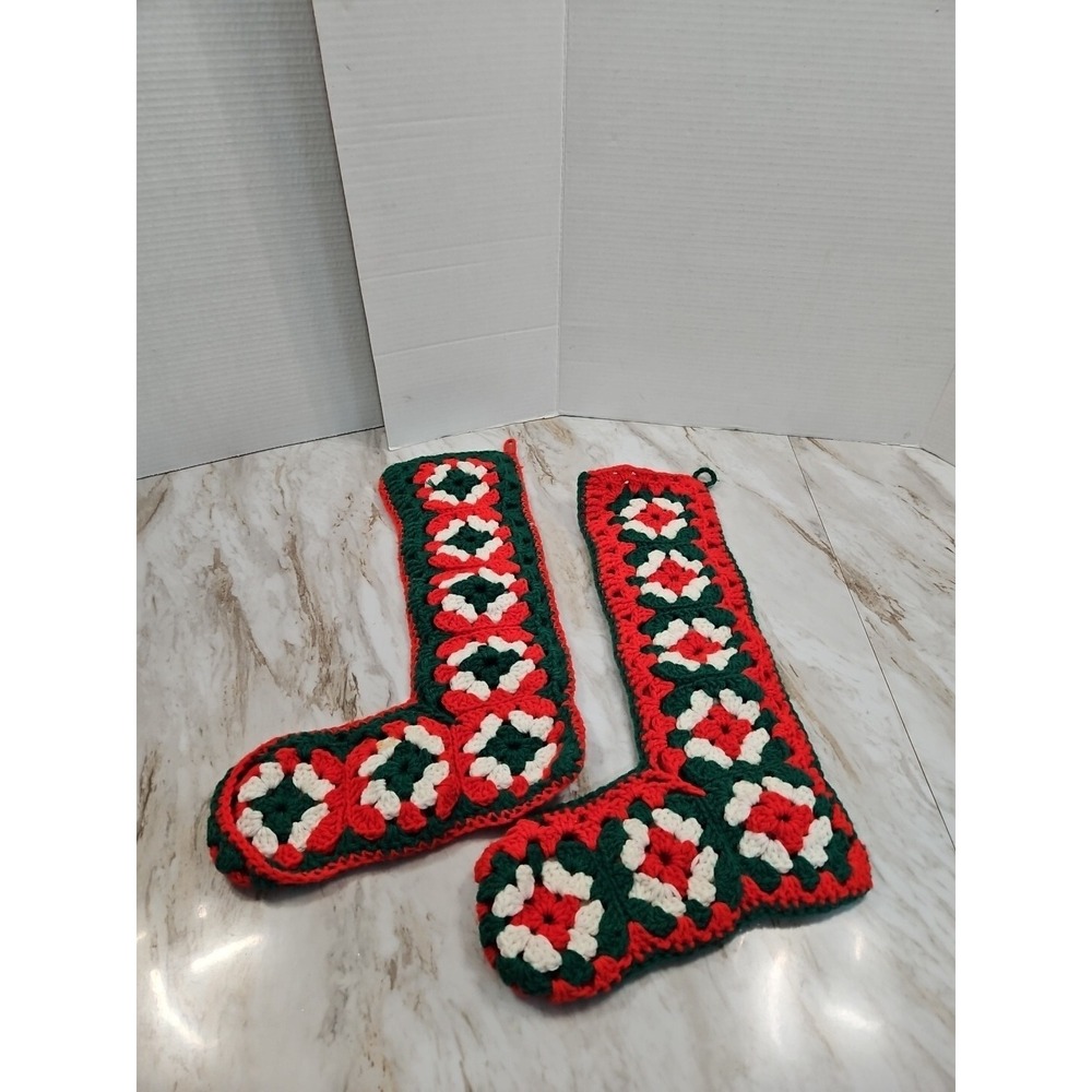 Vtg Christmas Stocking Granny Square Crocheted Handmade Midcentury Set Of 2